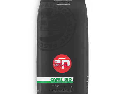 Black coffee bag with Pasquucci logo and 'Caffè Bio' text on a white background