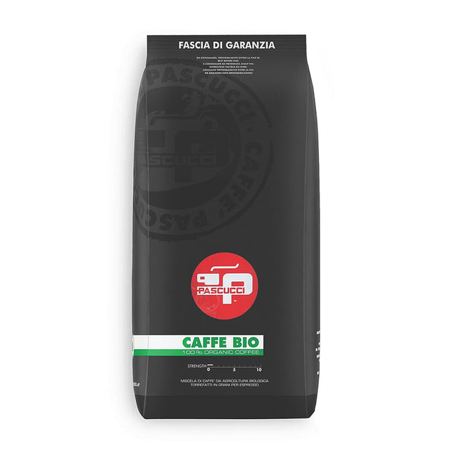 Black coffee bag with Pasquucci logo and 'Caffè Bio' text on a white background